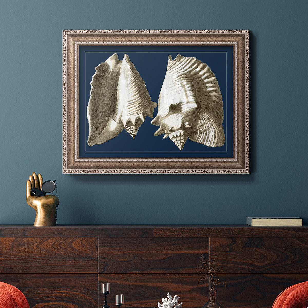 Conch Shells on Navy I Premium Framed Canvas- Ready to Hang