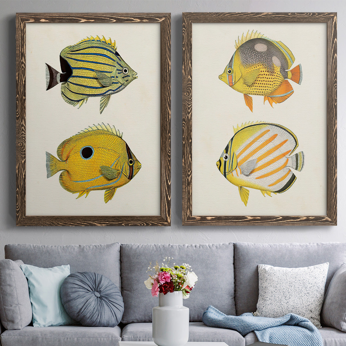 Yellow & Grey Fish III - Premium Framed Canvas 2 Piece Set - Ready to Hang