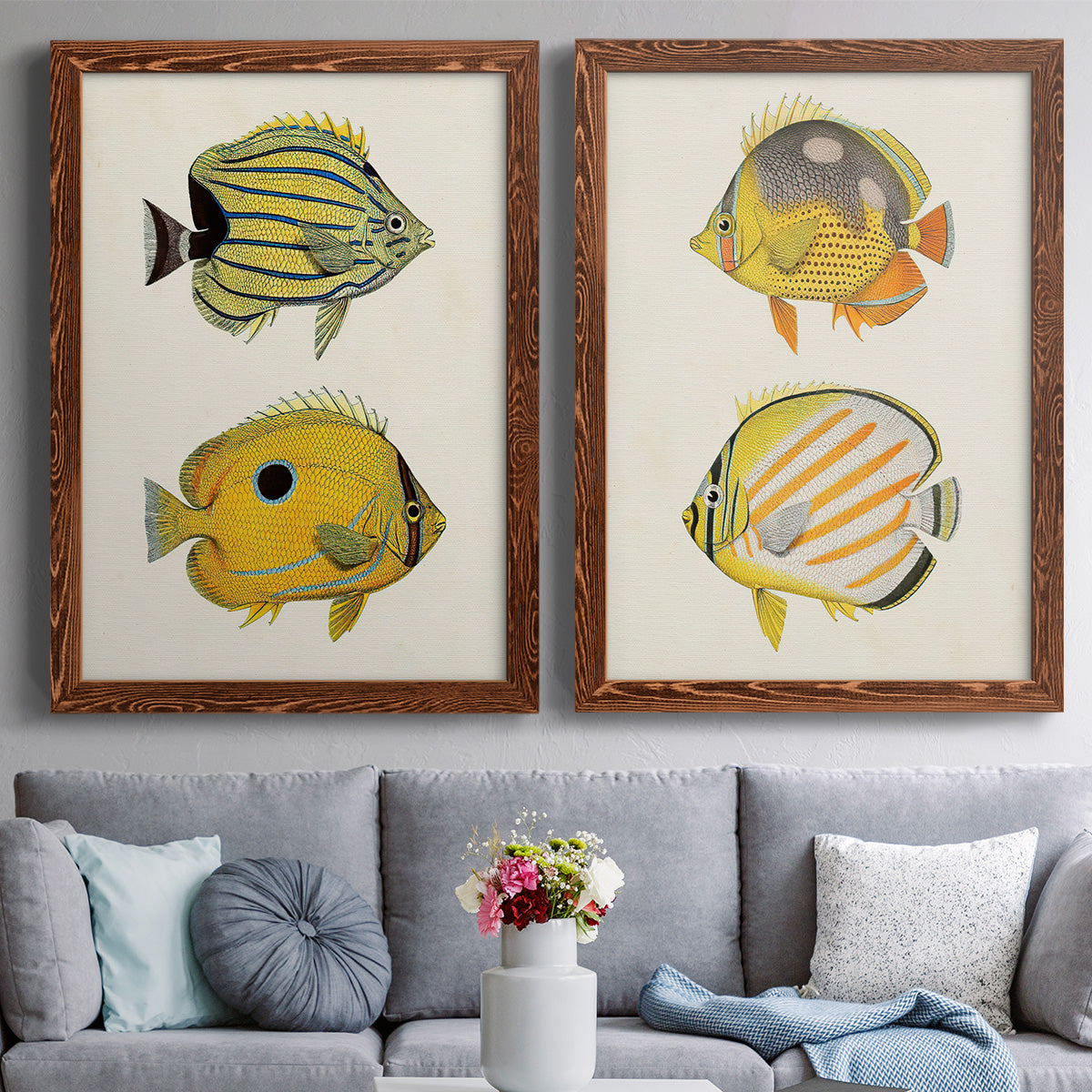 Yellow & Grey Fish III - Premium Framed Canvas 2 Piece Set - Ready to Hang