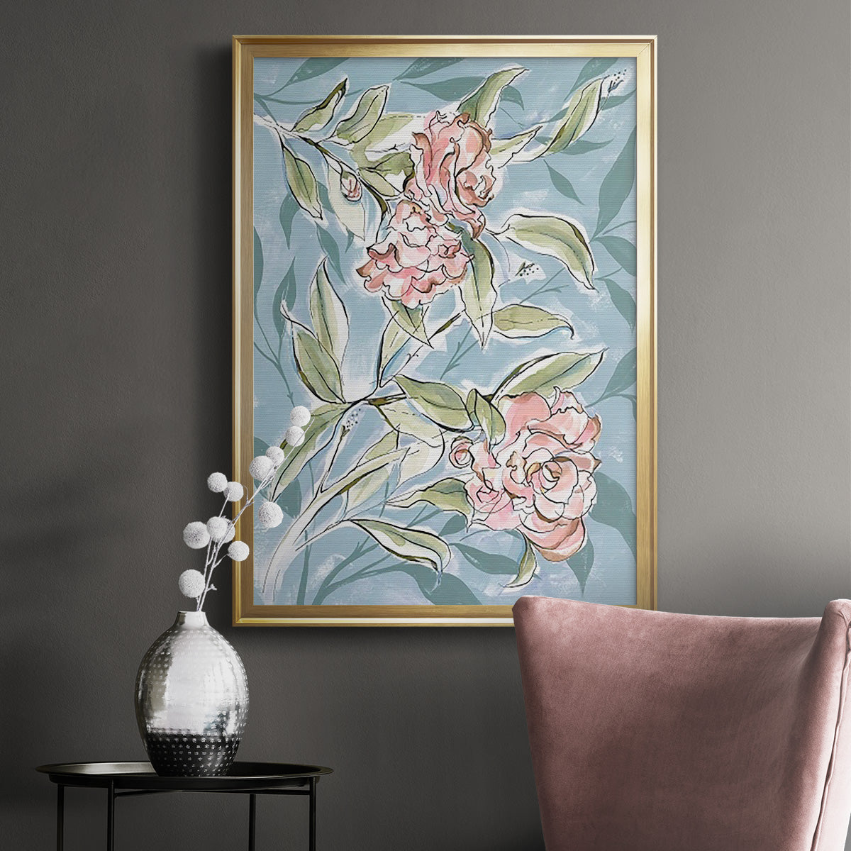 Faded Camellias I - Modern Framed Canvas Print
