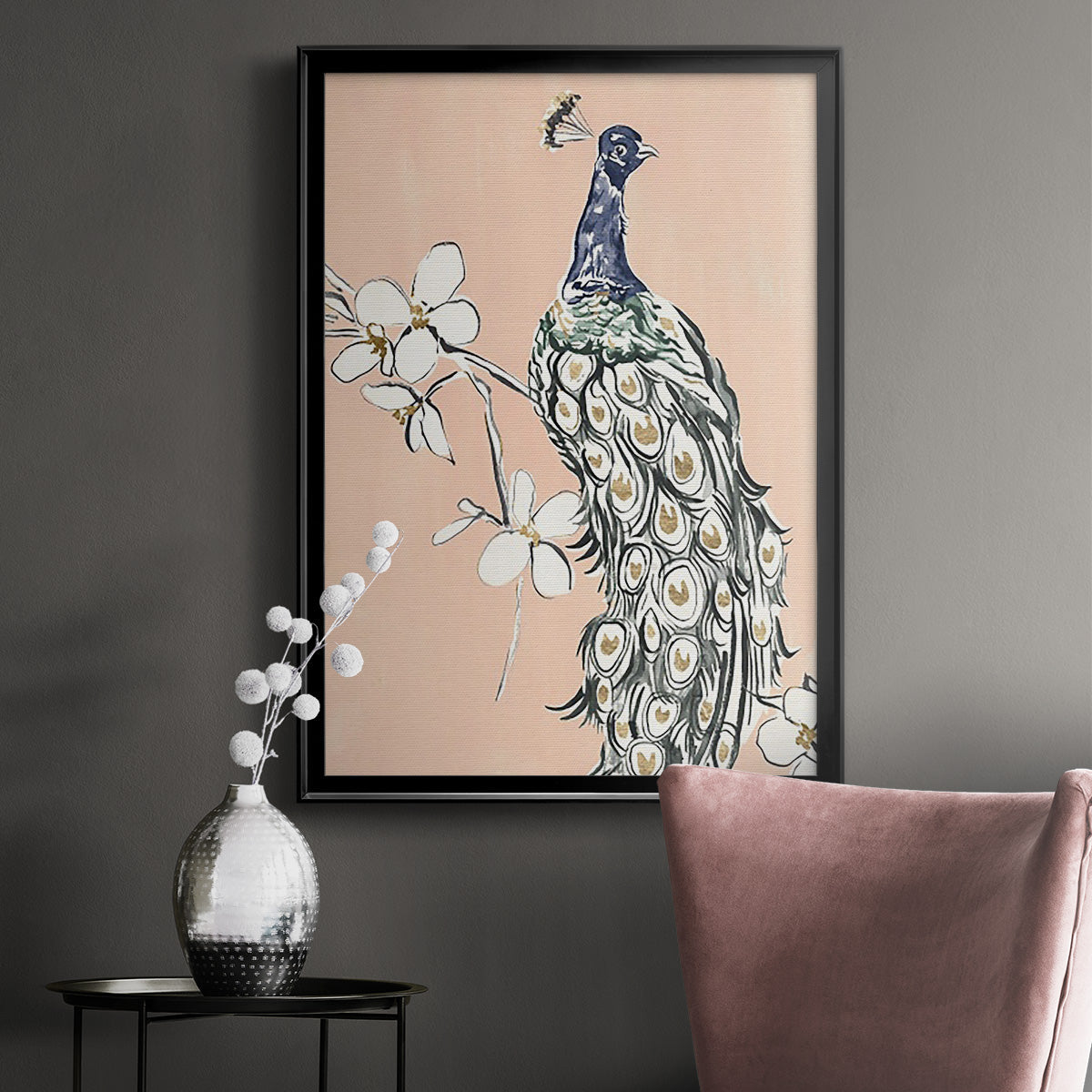 Peacock in Gold III - Modern Framed Canvas Print