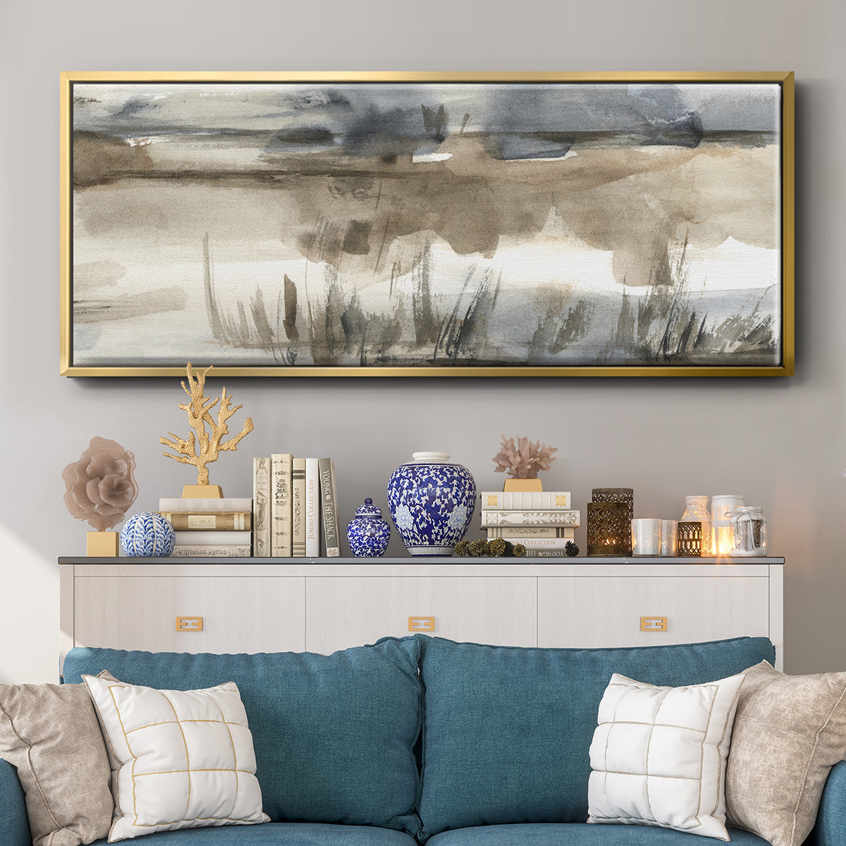 BlueGrey Marsh I - Floater Framed Canvas Print