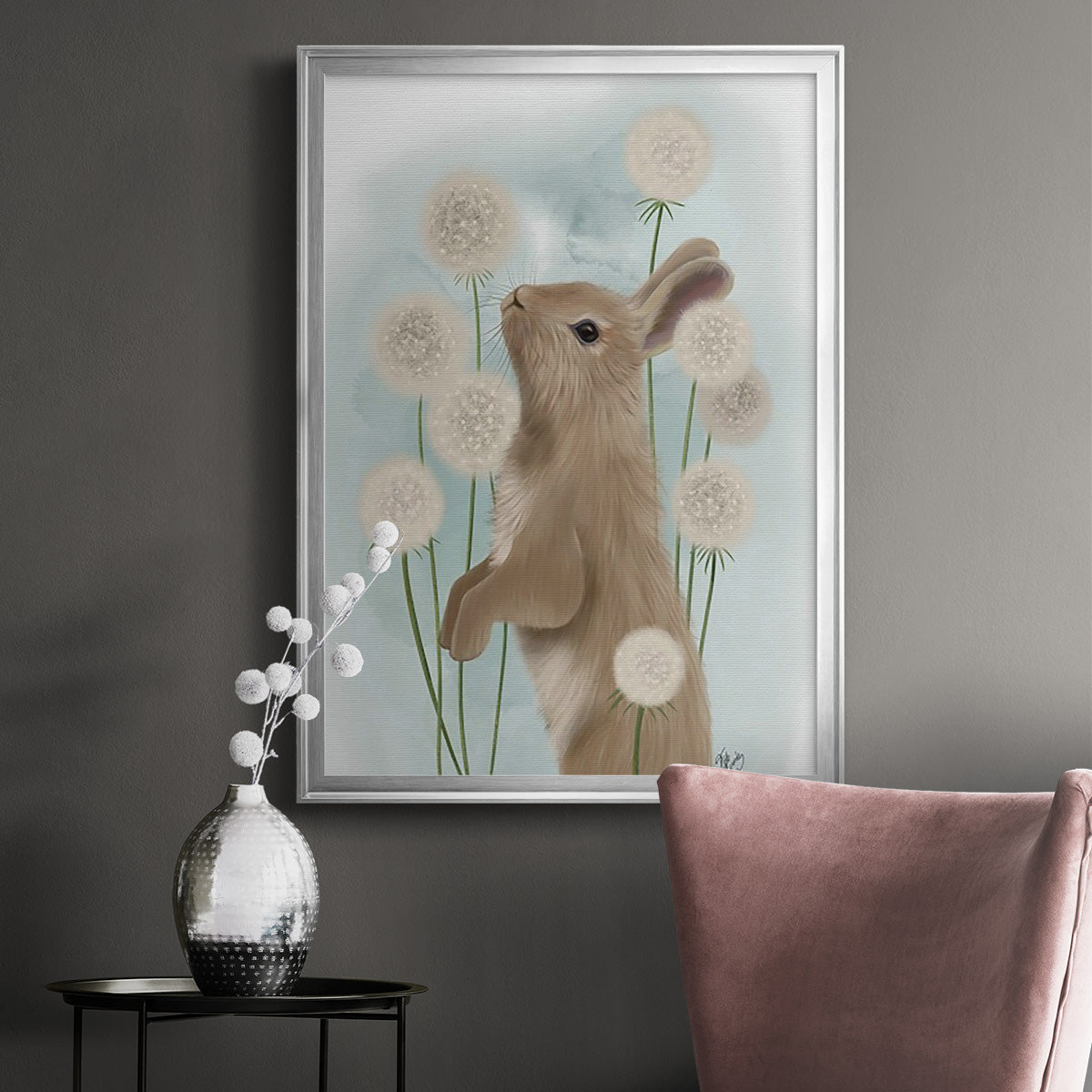 Rabbit In Dandylions - Modern Framed Canvas Print