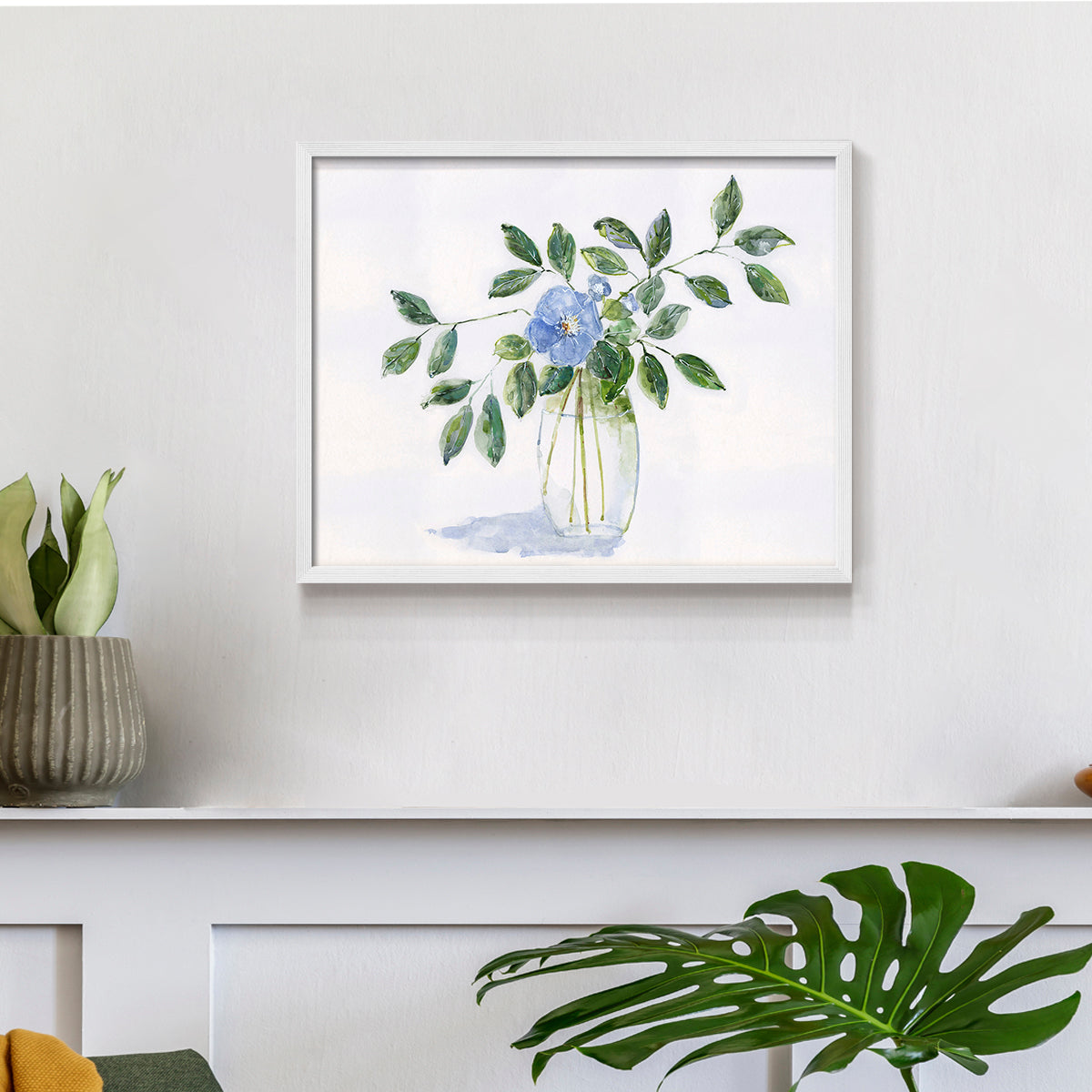 45308,watercolor,painting,flower,blue flower,green leaves,glass vase,nature art,interior decor,botanical art,floral,contemporary art,still life,home decor,tranquil,wall art,visual art,creative,handmade,craft,aesthetic,design,artist,beauty,calming,elegant,traditional,exhibition,soft colors,natural elements,craftsmanship,decor,floral arrangement,artwork,leaf,simplicity,Re-stickable,Plants & Flowers