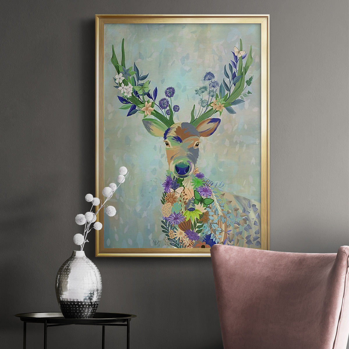 Fantastic Florals Deer, Portrait - Modern Framed Canvas Print