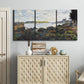 Three-panel canvas wall art featuring river with boats and shoreline, displayed above a cabinet in an entryway.