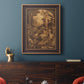Monochrome religious painting of the raising of Lazarus by Leandro Bassano in an ornate bronzed mahogany wood frame displayed in a dark-toned interior setting.