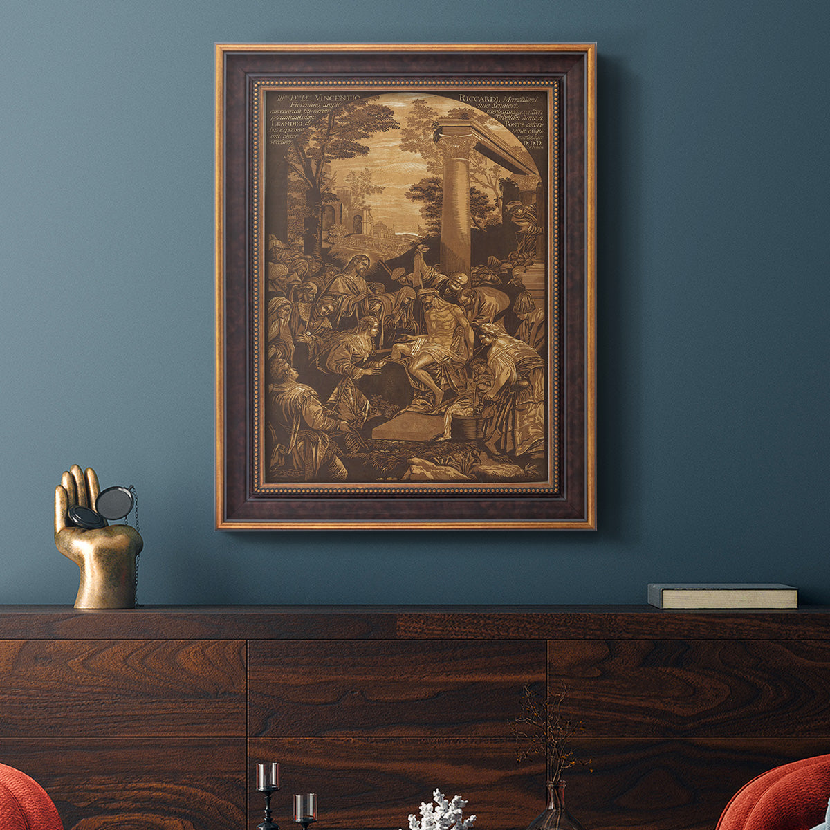 Monochrome religious painting of the raising of Lazarus by Leandro Bassano in an ornate bronzed mahogany wood frame displayed in a dark-toned interior setting.