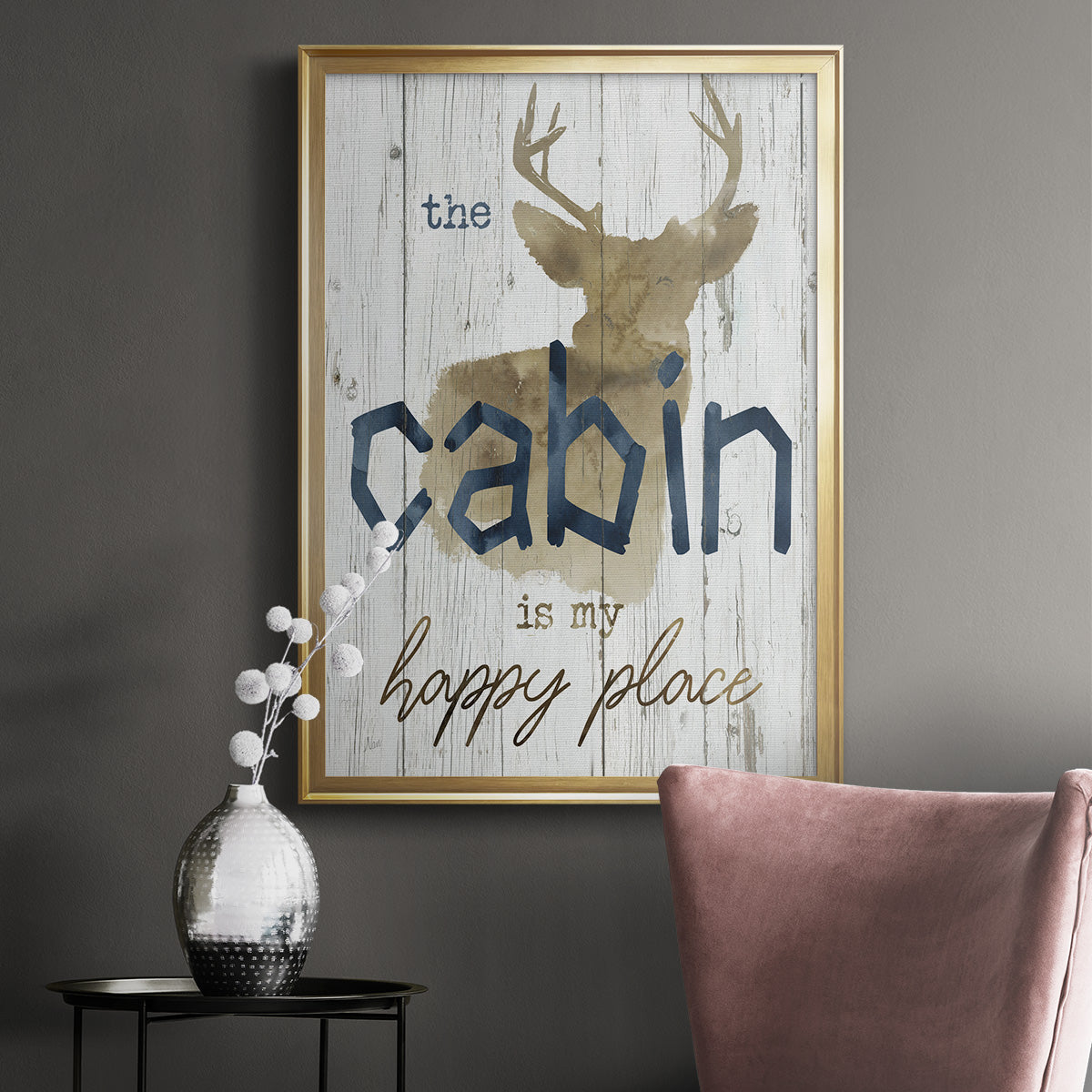 Happy Place Cabin - Modern Framed Canvas Print