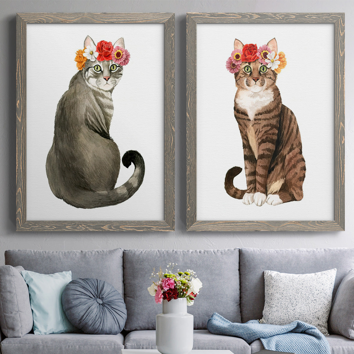 Flower Crown Cats I - Premium Framed Canvas 2 Piece Set - Ready to Hang