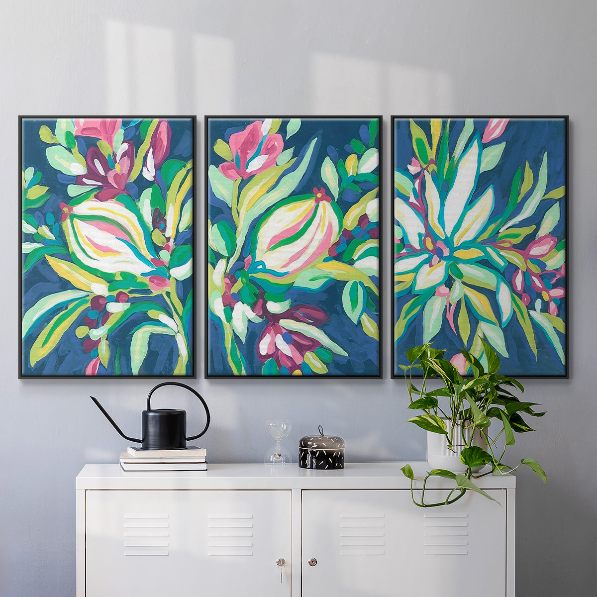 Blue Tropics I - Framed Premium Gallery Wrapped Canvas L Frame 3 Piece Set - Ready to Hang