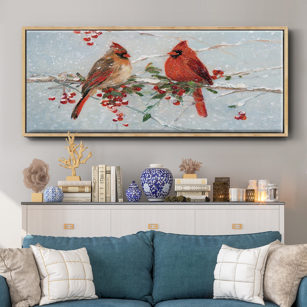 Cardinals in Winter - Floater Framed Canvas Print