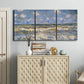 Three-panel canvas wall art featuring rough sea with crashing waves, displayed above a cabinet in an entryway.