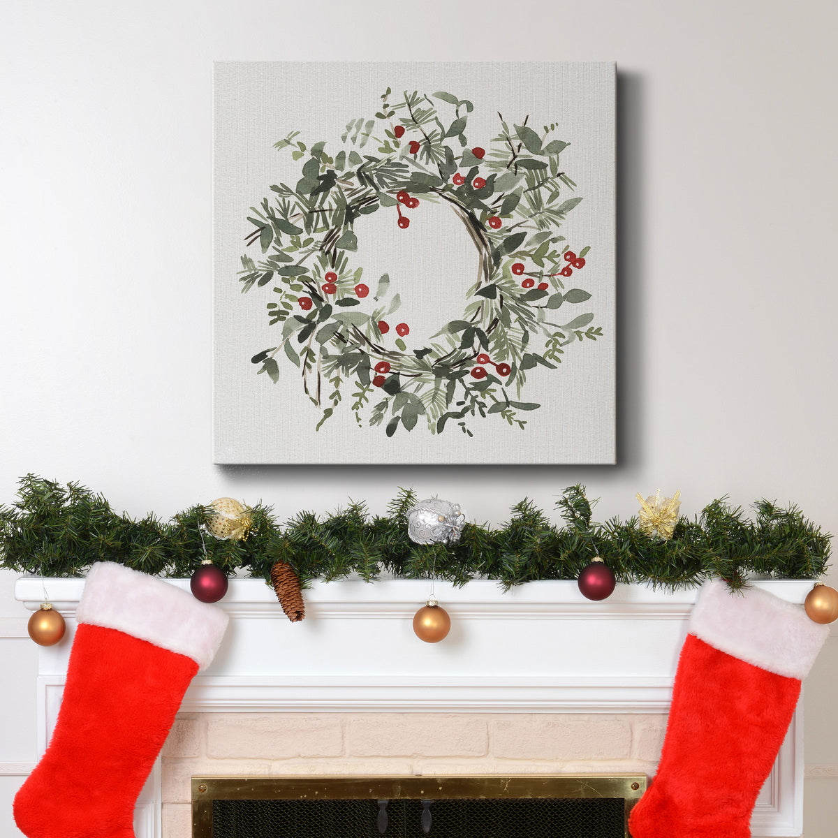 Holly Farmhouse Wreath I-Premium Gallery Wrapped Canvas - Ready to Hang