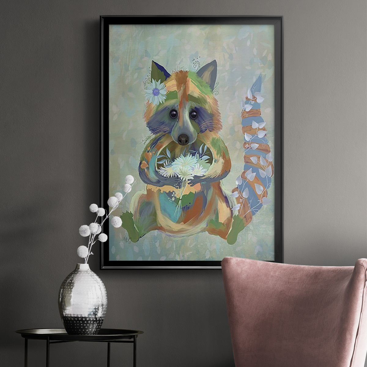 Fantastic Florals Raccoon - Modern Framed Canvas Print