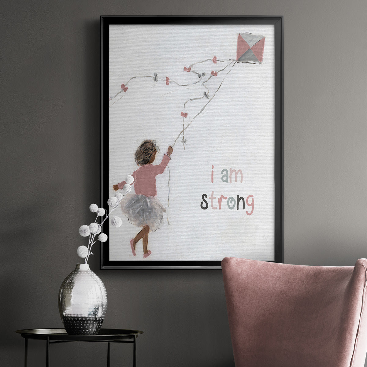 Girl Flying Kite - Modern Framed Canvas Print