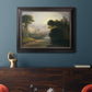Romantic autumn landscape along the Hudson River by Thomas Doughty in an ornate black frame with gilded inner detail displayed in a dark-toned interior setting.