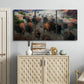 Three-panel canvas wall art featuring stormy canyon landscape with animals, displayed above a cabinet in an entryway.
