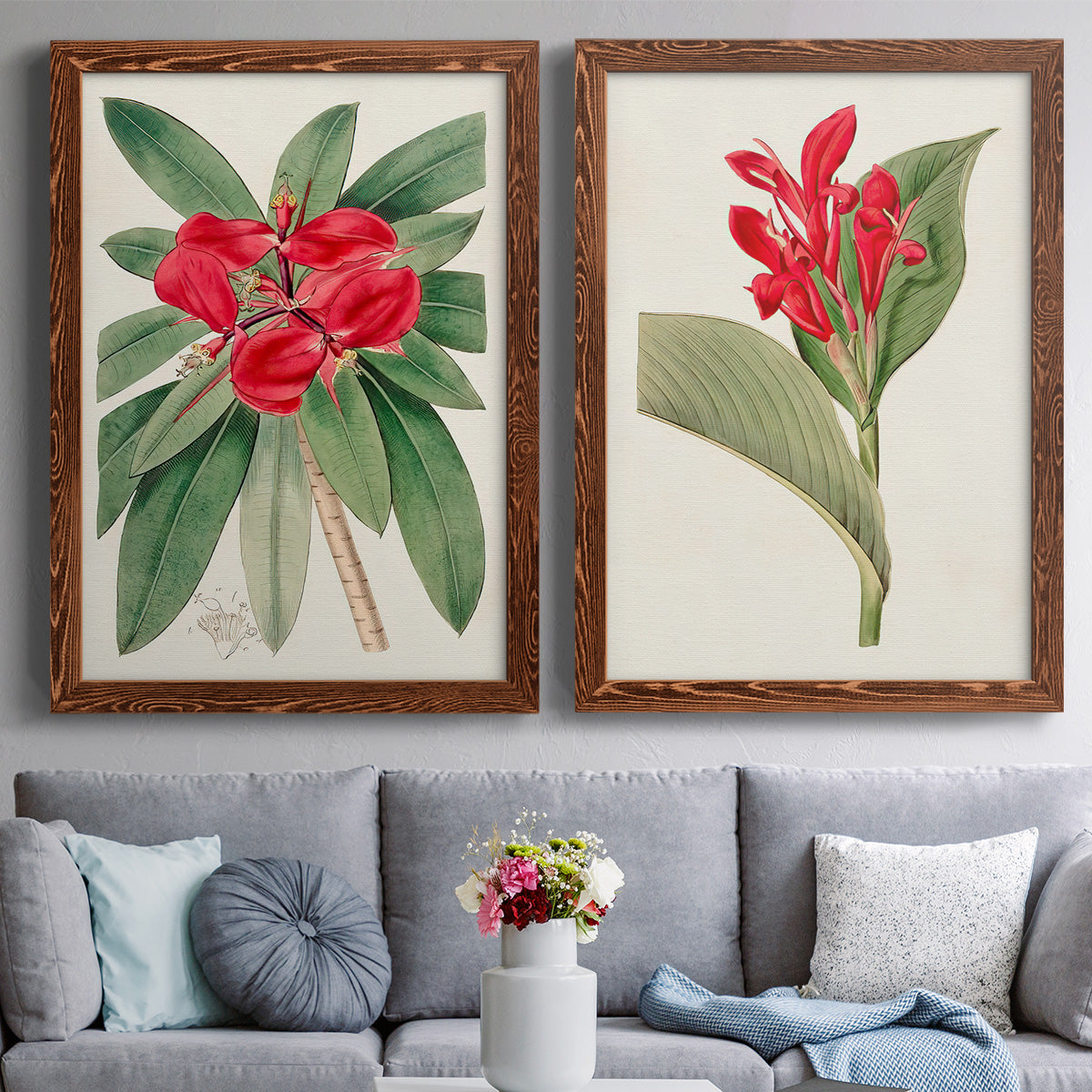 Set of two maple barnwood framed canvas prints depicting paired antique botanical plate illustrations with large green leaves, red blossoms, and archival cream paper above a sofa in a contemporary living room.