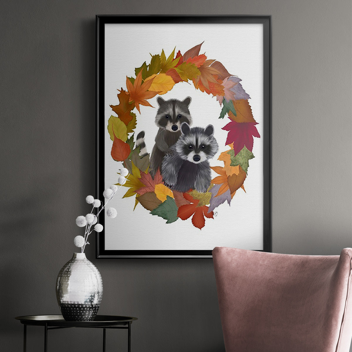 Raccoons Autumn Leaf Wreath - Modern Framed Canvas Print