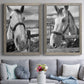 Set of two gray barnwood framed canvas prints depicting paired modern equestrian photography with bridled faces, wooden rails, and softly blurred farm backgrounds above a sofa in a contemporary living room.