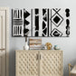 Three-panel canvas wall art featuring geometric abstract forms merging pattern, displayed above a cabinet in an entryway.