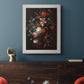 Classical floral still life painting by Jan van Huysum in an ornate weathered white frame displayed in a dark-toned interior setting.