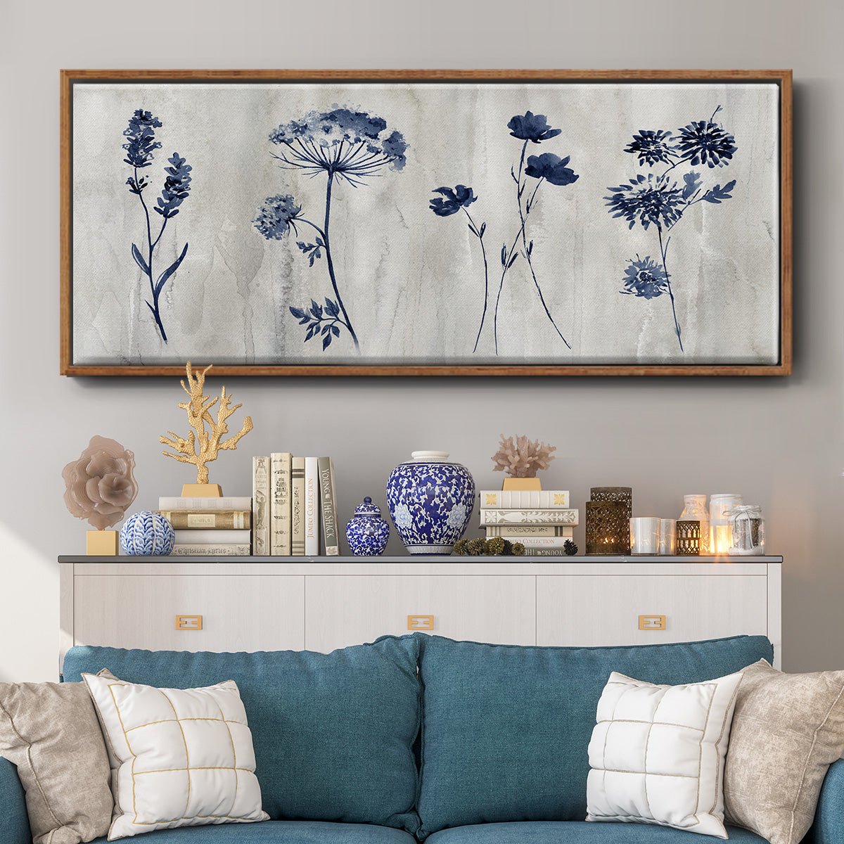 Indigo Row - Floater Framed Canvas Print