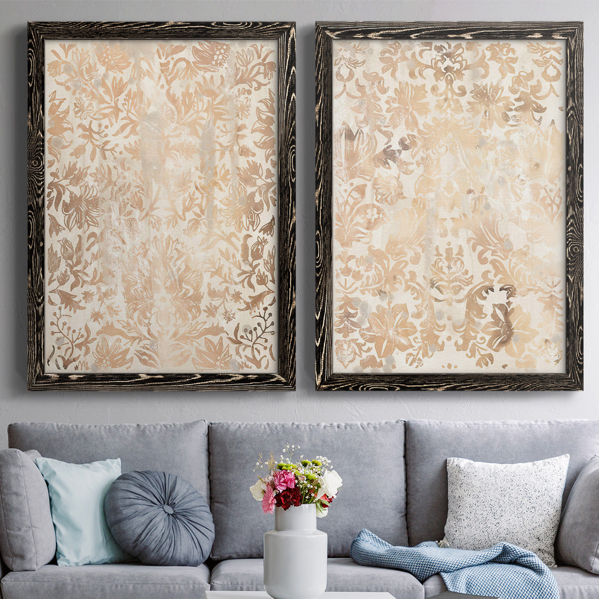 Walnut Damask I - Premium Framed Canvas 2 Piece Set - Ready to Hang