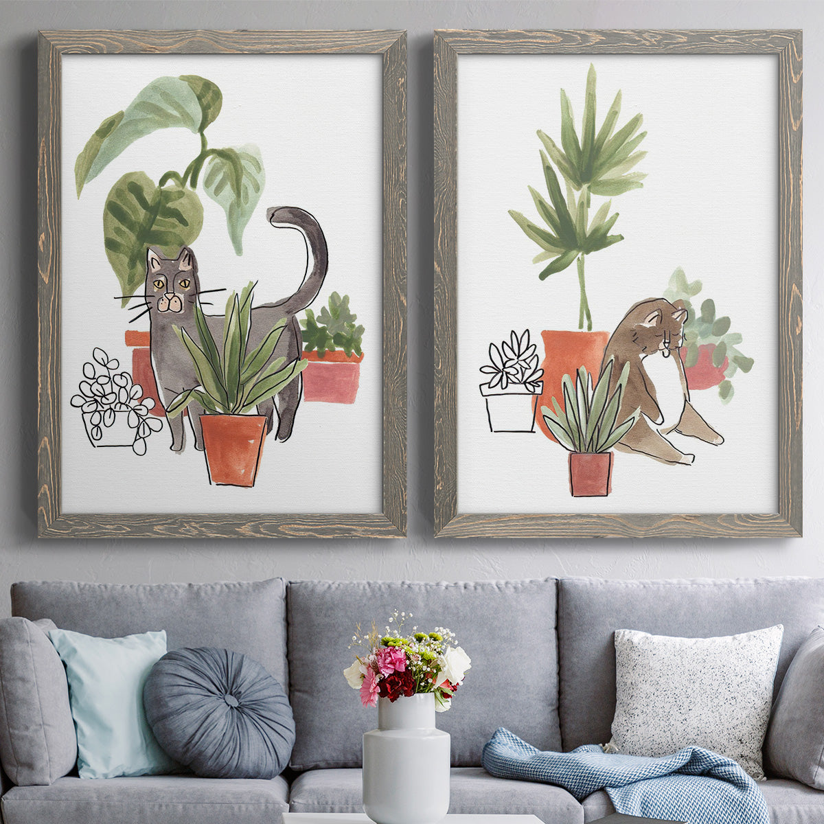 Purrfect Plants I - Premium Framed Canvas 2 Piece Set - Ready to Hang