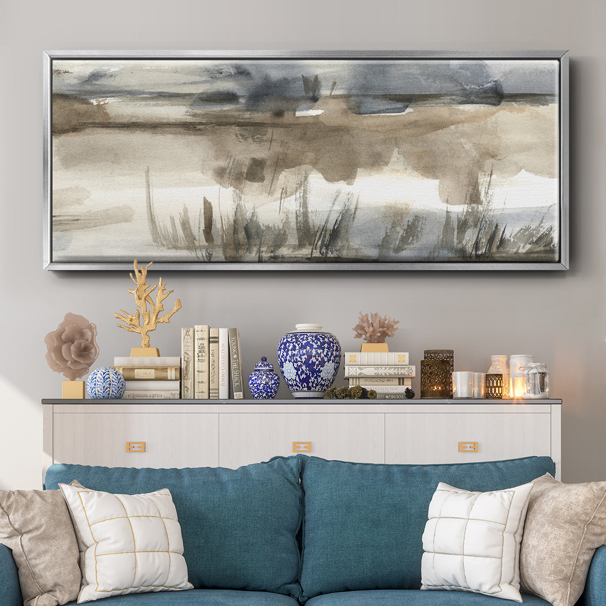BlueGrey Marsh I - Floater Framed Canvas Print