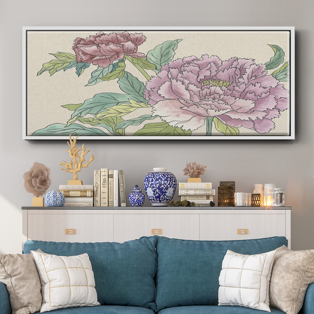 Peony Blooms I - Floater Framed Canvas Print