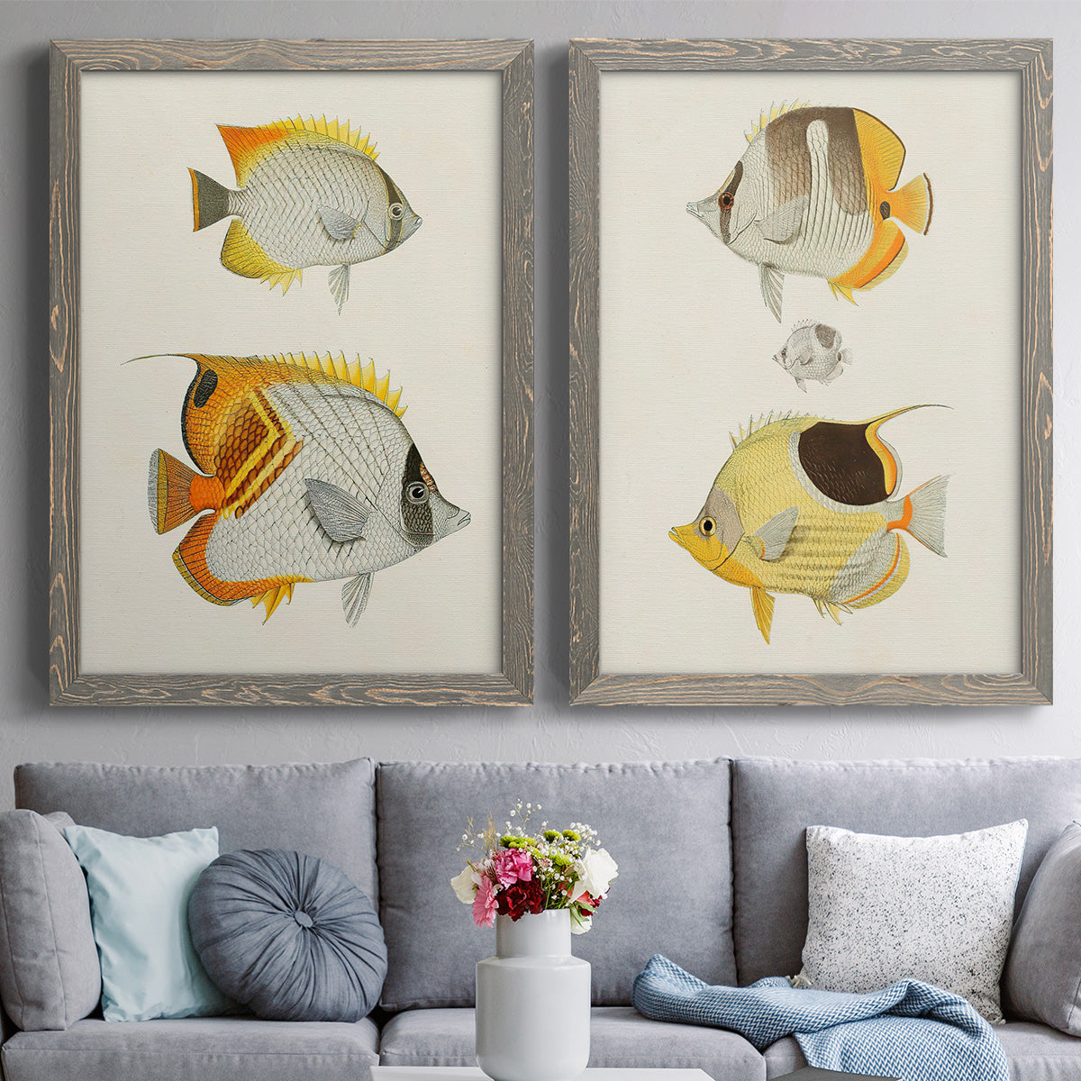 Yellow & Grey Fish I - Premium Framed Canvas 2 Piece Set - Ready to Hang