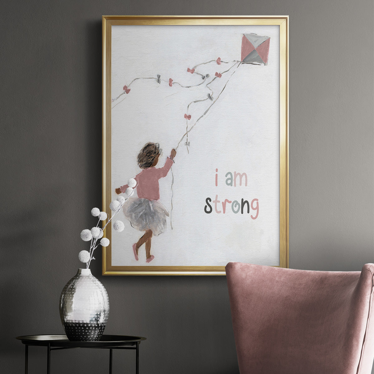 Girl Flying Kite - Modern Framed Canvas Print