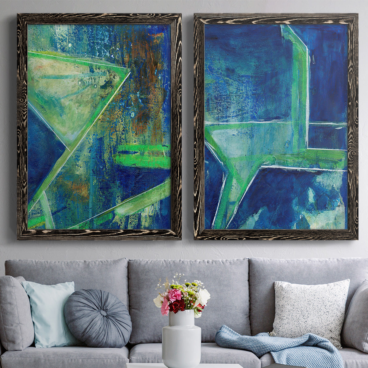 Geometric in Cool VII - Premium Framed Canvas 2 Piece Set - Ready to Hang