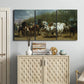 Three-panel canvas wall art featuring crowded horse fair scene, displayed above a cabinet in an entryway.