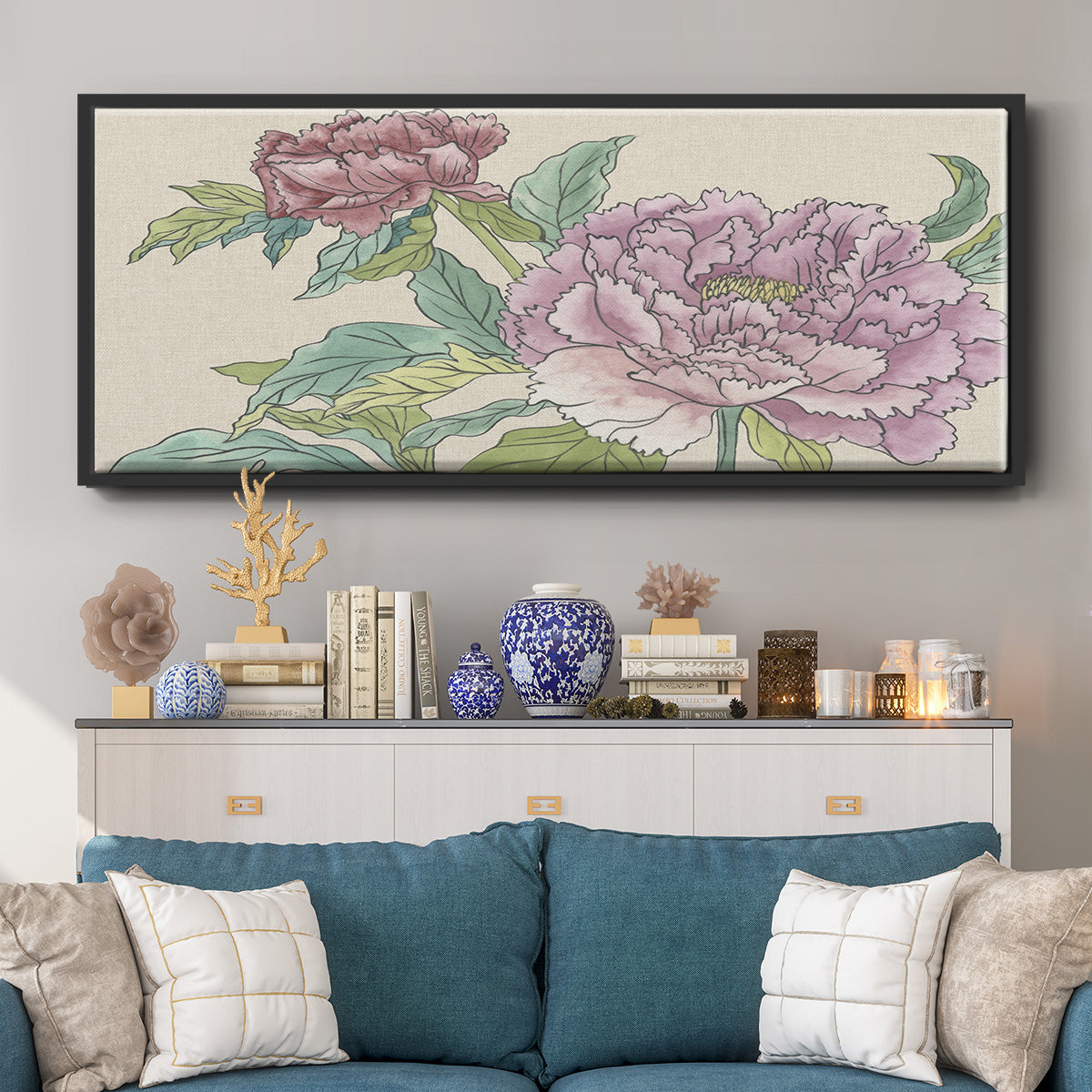 Peony Blooms I - Floater Framed Canvas Print