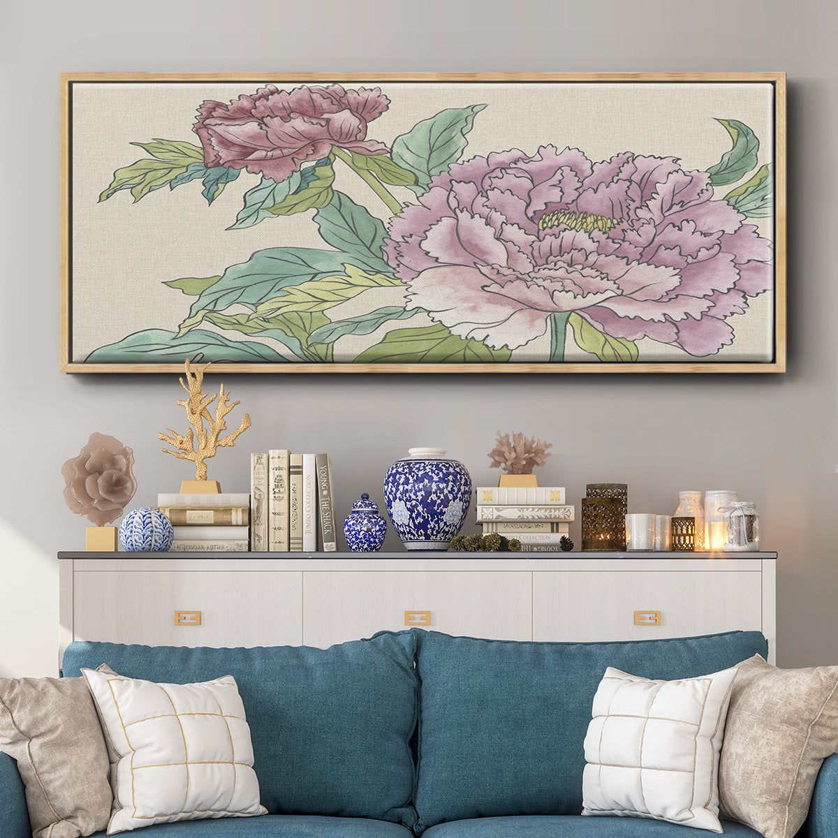 Peony Blooms I - Floater Framed Canvas Print