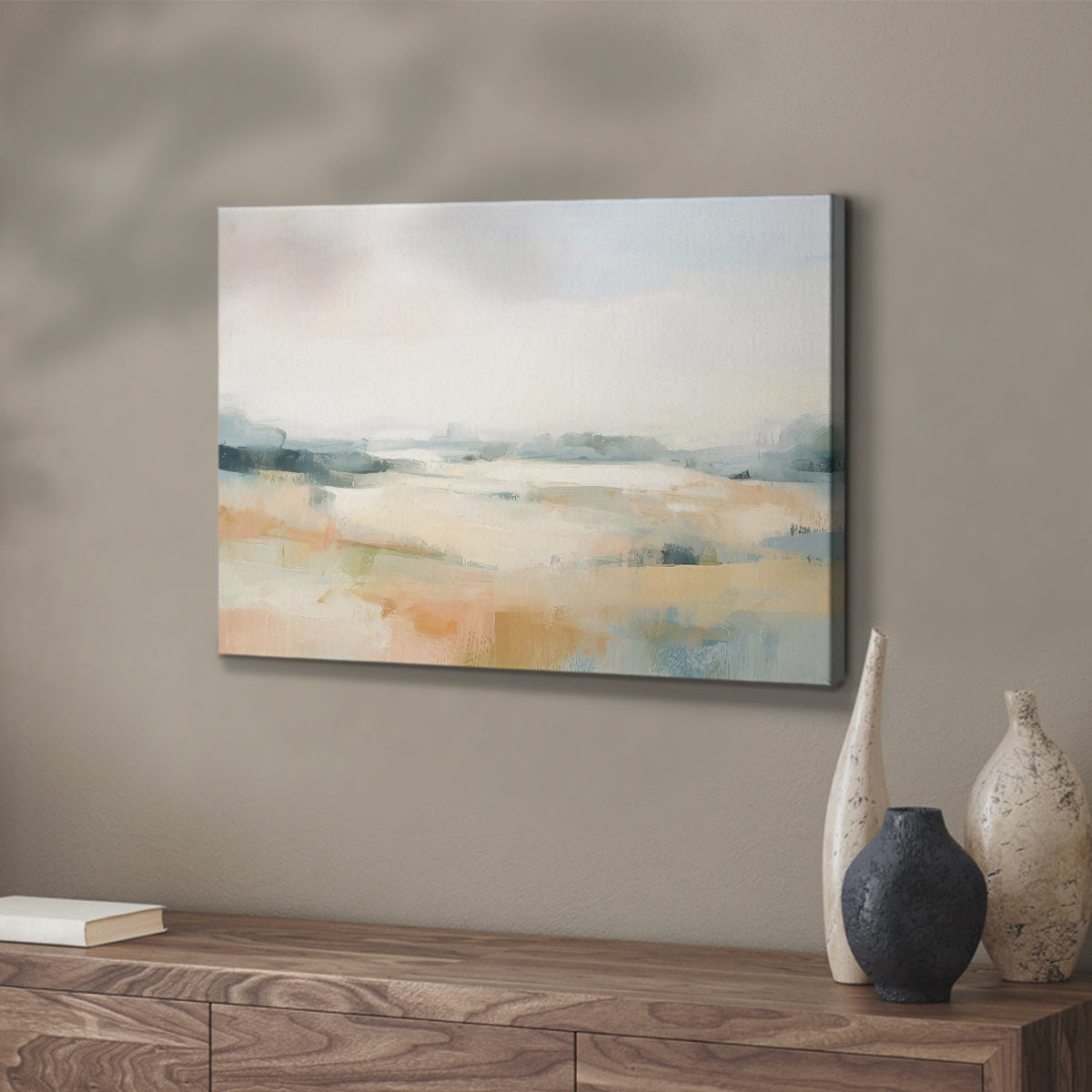 Soft pastel landscape painting with gentle hills and a serene sky at dusk