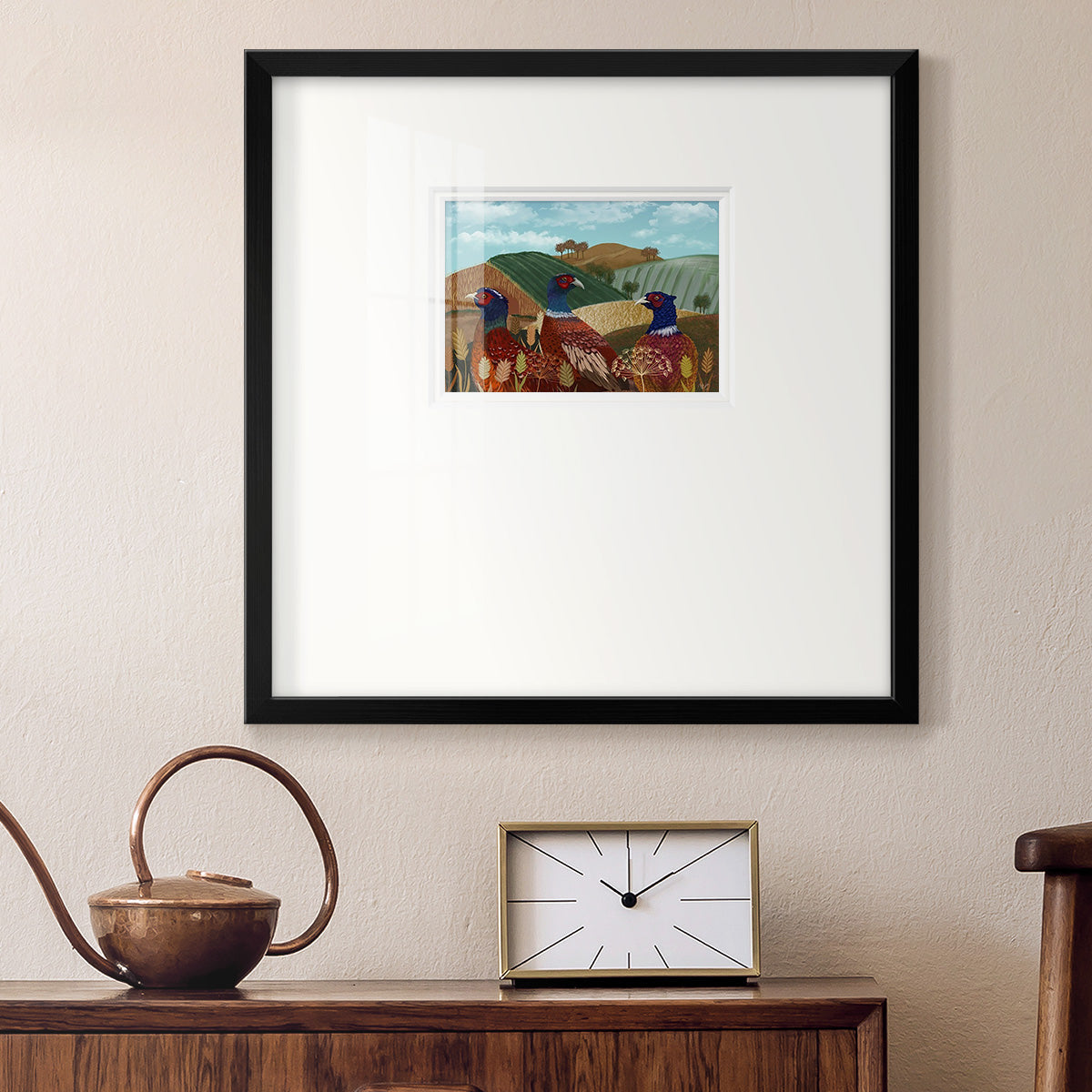 Pheasant Trio in Field Premium Framed Print Double Matboard