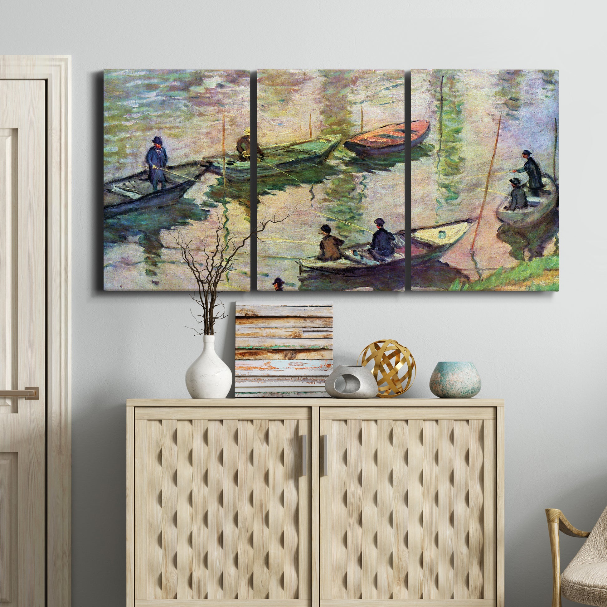 Three-panel canvas wall art featuring river scene with boats and reflections, displayed above a cabinet in an entryway.