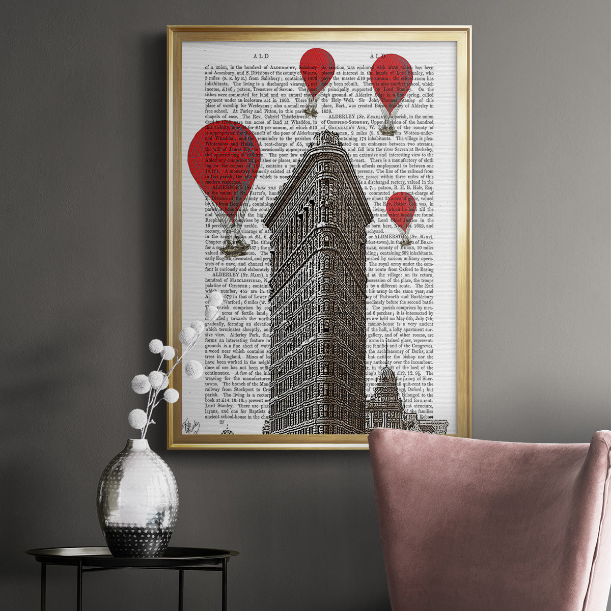 Flat Iron Building and Red Hot Air Balloons - Modern Framed Canvas Print