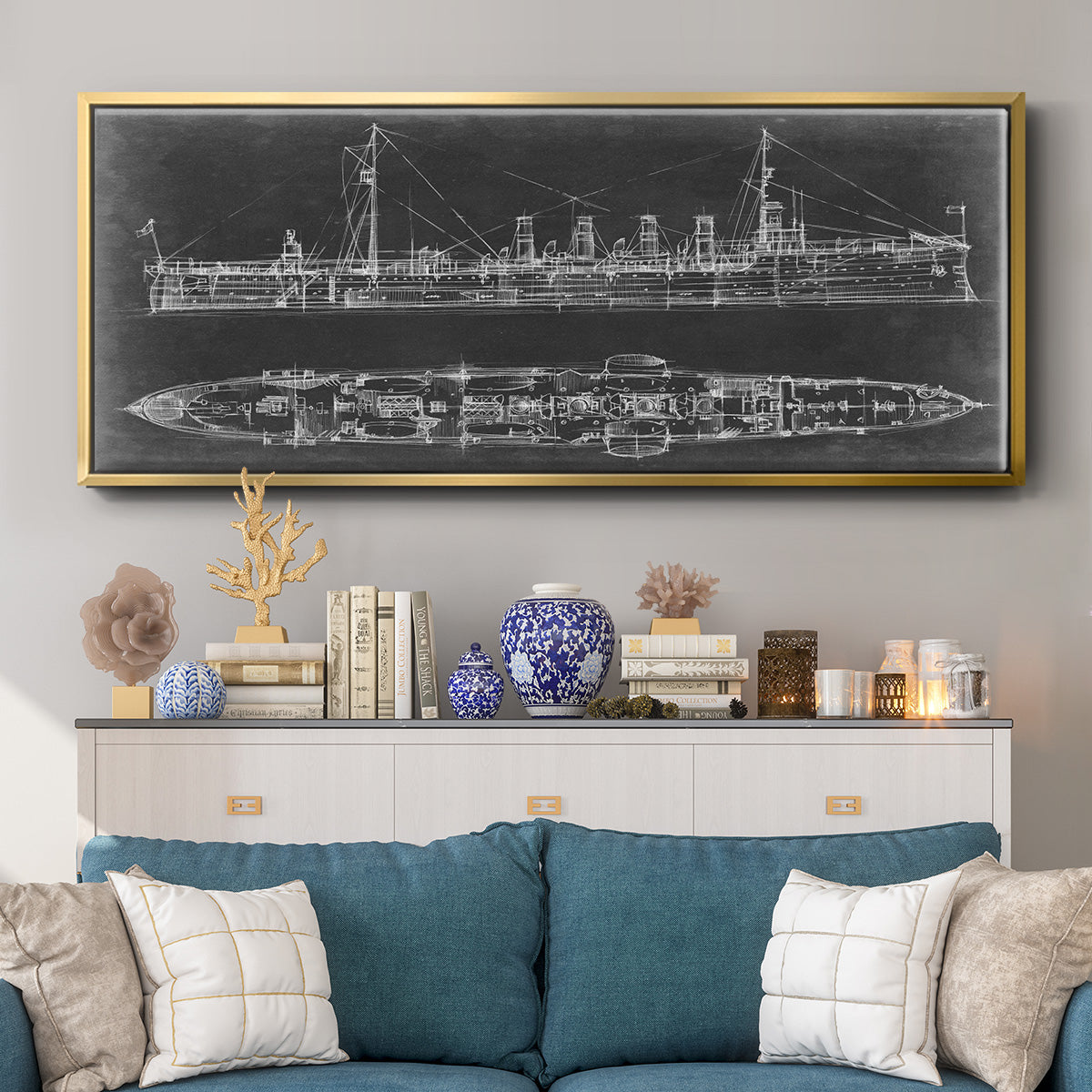 Navy Cruiser Blueprint - Floater Framed Canvas Print