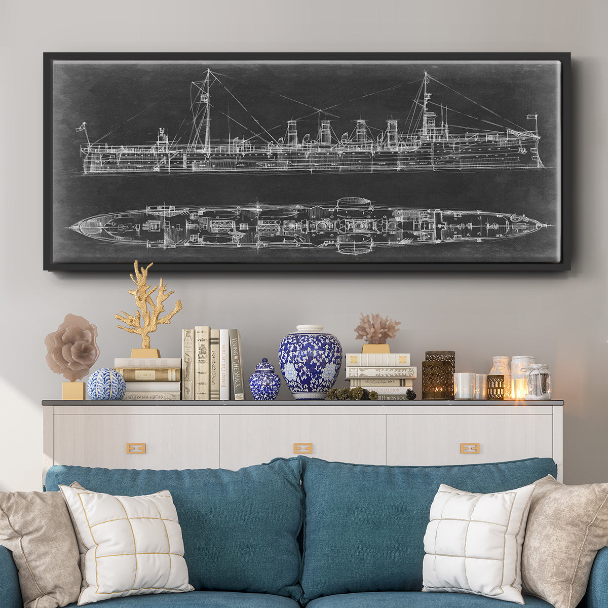 Navy Cruiser Blueprint - Floater Framed Canvas Print