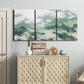 Three-panel canvas wall art featuring lush green hillside rolling landscape, displayed above a cabinet in an entryway.