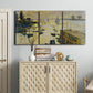 Three-panel canvas wall art featuring working harbor with boats, displayed above a cabinet in an entryway.