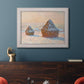 Impressionist winter haystack scene by Claude Monet in an ornate weathered white frame displayed in a dark-toned interior setting.