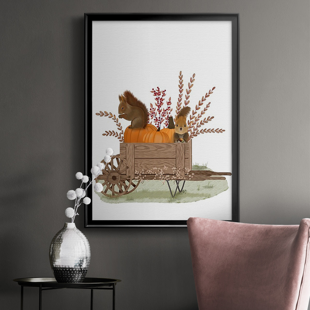 Squirrels In Pumpkin Wheelbarrow - Modern Framed Canvas Print