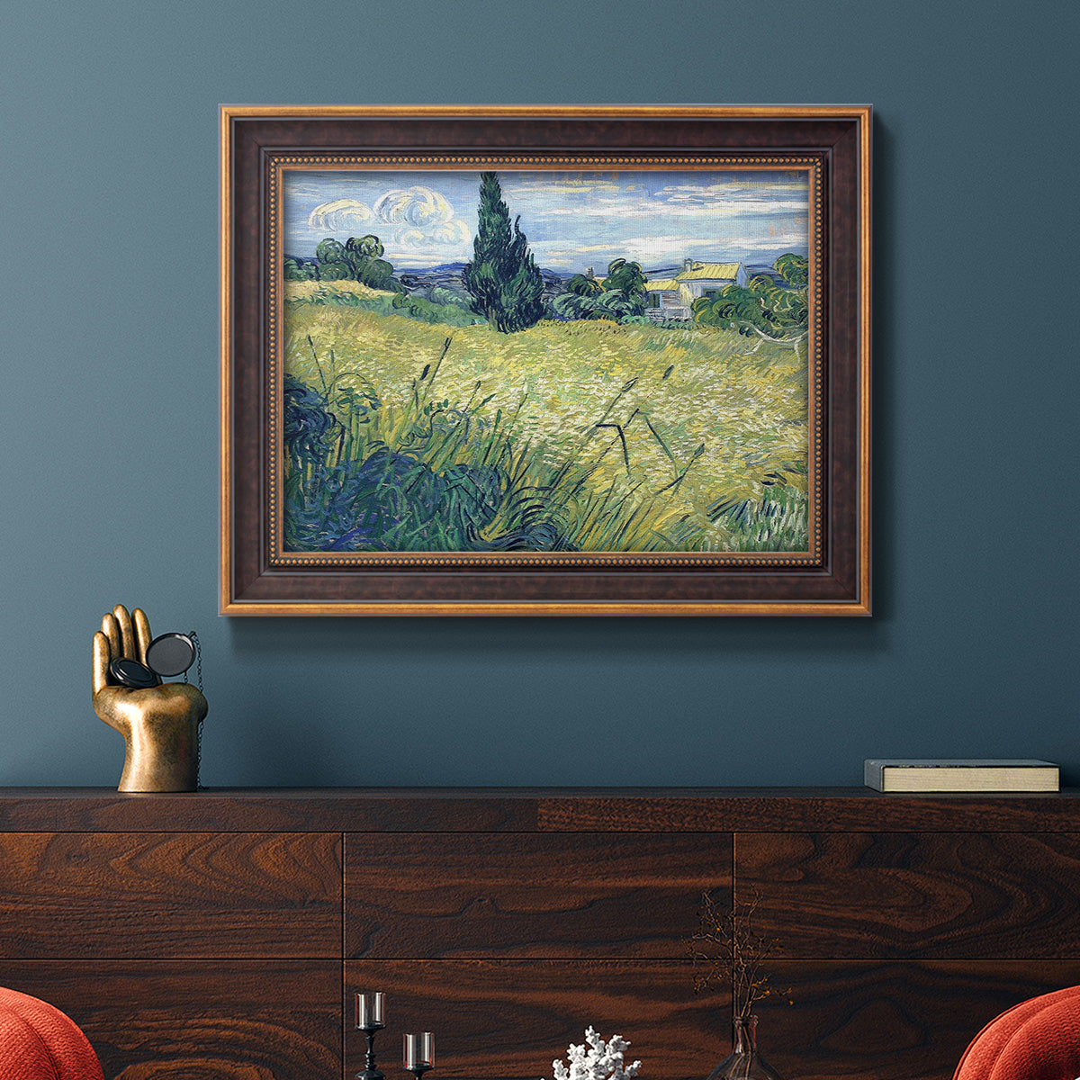 Green Wheat Field with Cypress - Ornate Framed Canvas Print