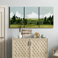 Three-panel canvas wall art featuring lush green summer countryside, displayed above a cabinet in an entryway.